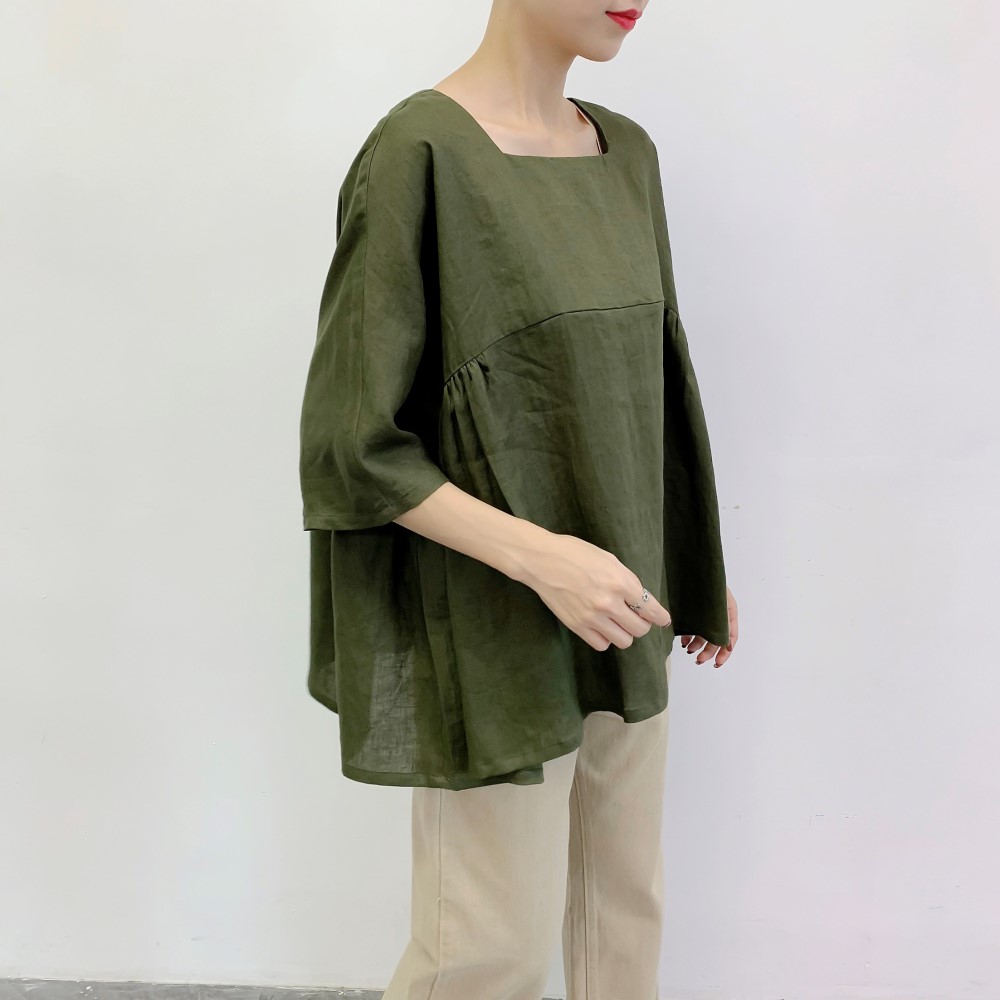 ★★en-enリネン身幅たっぷりスクエアネック・サイドギャザー・丈短め・グリーン