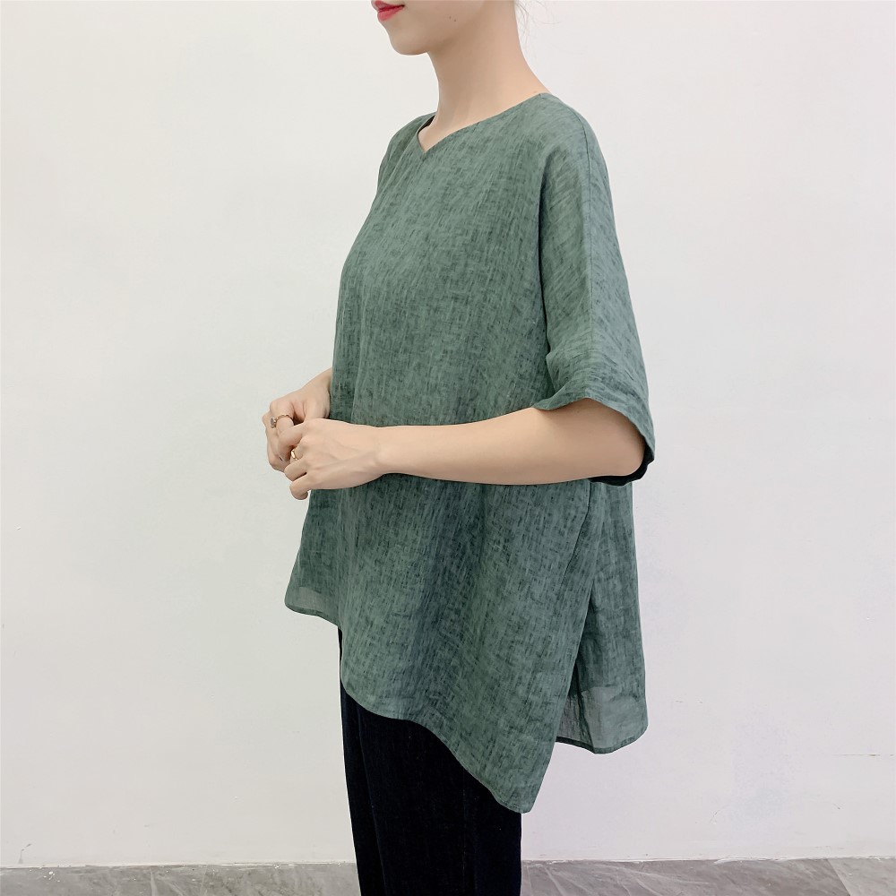 en-enリネン・ムラムラ染め背ギャザー身幅たっぷりプルオーバー・グリーン