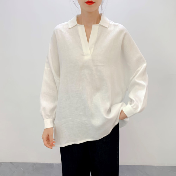 ★★en-enリネン・ビッグなスッキパーシャツ　オフホワイト 1枚目の画像