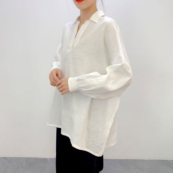 ★★en-enリネン・ビッグなスッキパーシャツ　オフホワイト 2枚目の画像