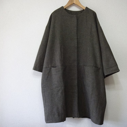 en-enウール混紡・コクーンコート・深く濃いモスグリーン （裏地付き