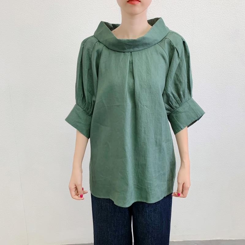 ★★en-en ・リネンロールカラープルオーバー・曖昧くすみグリーン