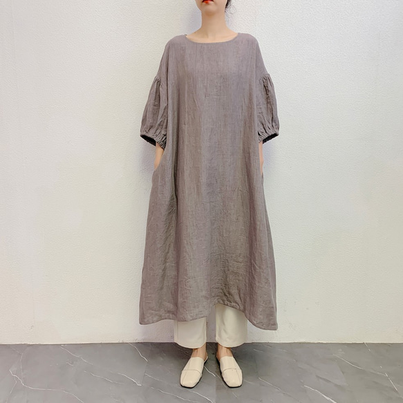 ハンドメイド　リネン　ふんわり袖のリネンワンピース 感謝価格☆ハンドメイドリネンふんわり袖ワンピース