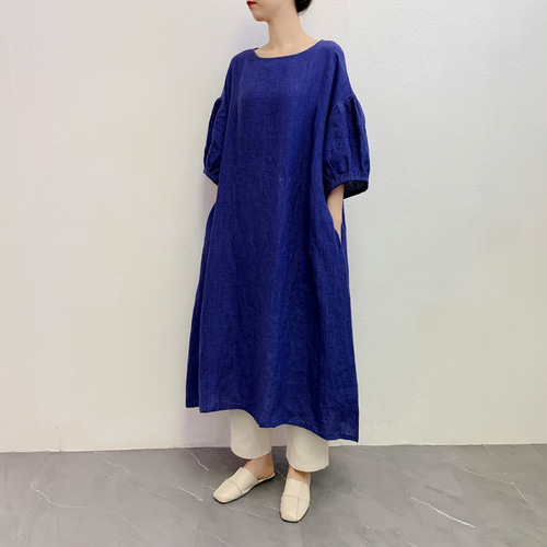 ハンドメイド　リネン　ふんわり袖のリネンワンピース 感謝価格☆ハンドメイドリネンふんわり袖ワンピース