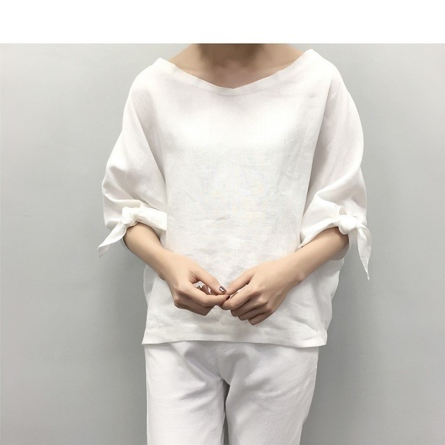 en-enフランスリネン・襟抜・袖リボン・オフホワイト