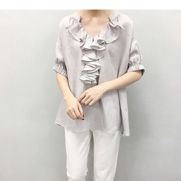 en-enフランスリネン・フリルプルオーバー・ライトグレー(新着、人気、麻、最新)