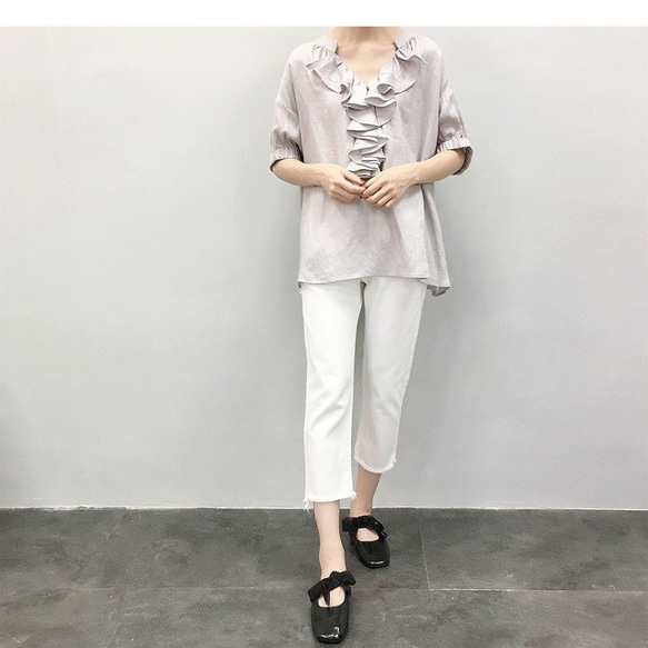 en-enフランスリネン・フリルプルオーバー・ライトグレー(新着、人気、麻、最新) 2枚目の画像