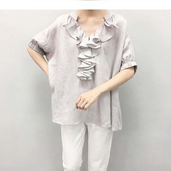 en-enフランスリネン・フリルプルオーバー・ライトグレー(新着、人気、麻、最新) 3枚目の画像