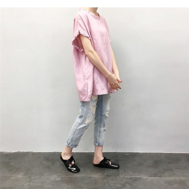 en-enリネン・フリル・フリルプルオーバー・シックピンク(新作、人気、麻)