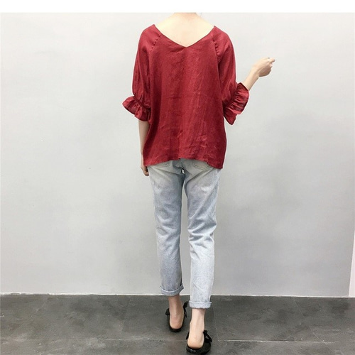 en-en・フランスリネン・五分丈袖口ゴムフリル袖・深い赤 カーディガン