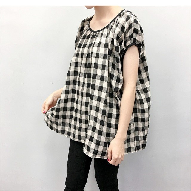 en-en・リネン・ブロック黒ベージュ・フレンチ袖ゆったりプルオーバー