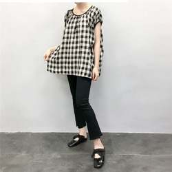 en-en・リネン・ブロック黒ベージュ・フレンチ袖ゆったりプルオーバー 3枚目の画像