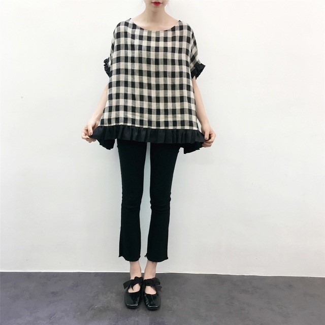 en-enリネン・ブロック黒ベージュ・身幅たっぷりプルオーバー(新着、夏、最新、麻、大人気)