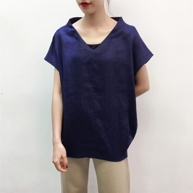 en-en・リネン・ｖネック　フレンチスリーブ・プルオーバー・ネイビー