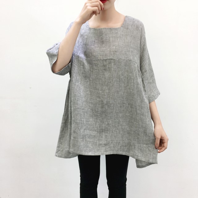 ｅｎ-en・リネン身幅たっぷりスクエアネック・サイドギャザープルオーバー・ミニミニ千鳥