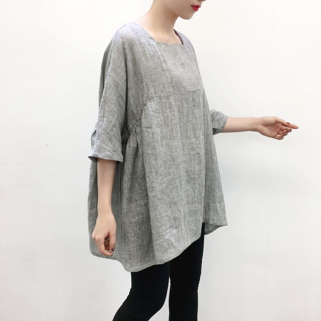 ｅｎ-en・リネン身幅たっぷりスクエアネック・サイドギャザープルオーバー・ミニミニ千鳥