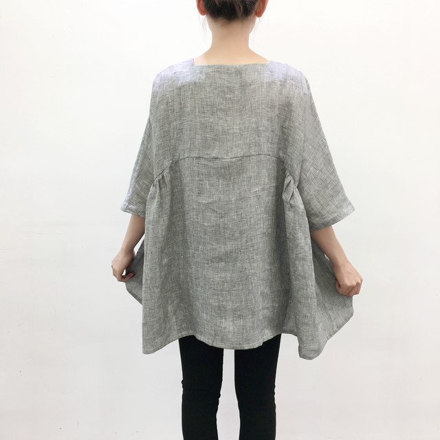 ｅｎ-en・リネン身幅たっぷりスクエアネック・サイドギャザープルオーバー・ミニミニ千鳥