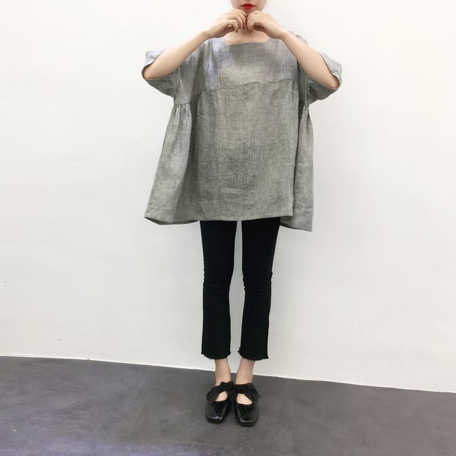 ｅｎ-en・リネン身幅たっぷりスクエアネック・サイドギャザープルオーバー・ミニミニ千鳥