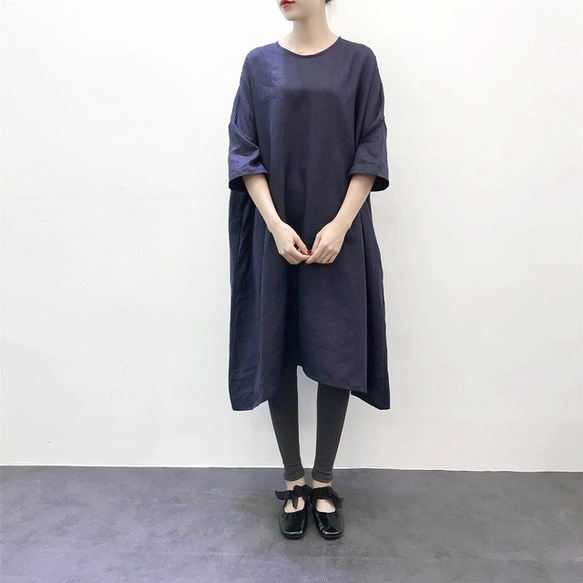 【美品】リネンAラインワンピース ネイビー 紺色 en-en・リネン・たっぷりAラインワンピース・ネイビー