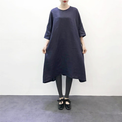 en-en・リネン・たっぷりＡラインワンピース・ネイビー 2枚目の画像