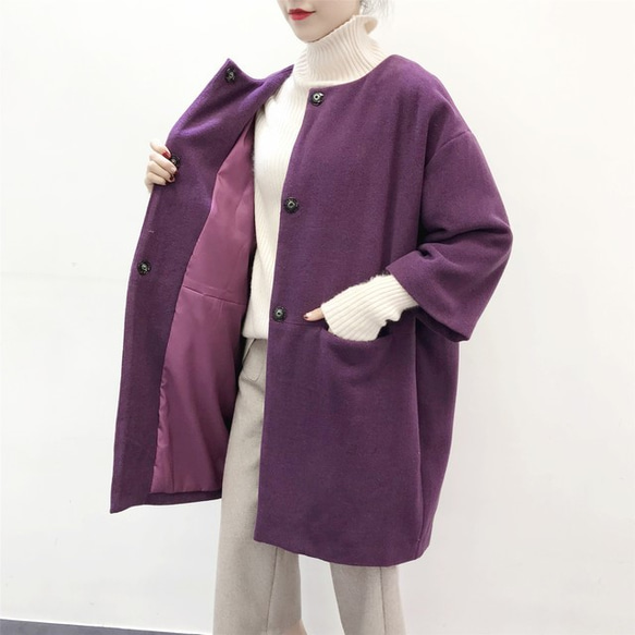 ★en-en・紫ウール混紡・コクーンコート・パープル（裏地付き） 2枚目の画像