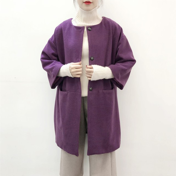 ★en-en・紫ウール混紡・コクーンコート・パープル（裏地付き） 3枚目の画像