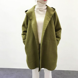 ☆en-en・両面ウール混紡・１枚仕立てフードコート・オリーブ・イエローグリーン 1枚目の画像