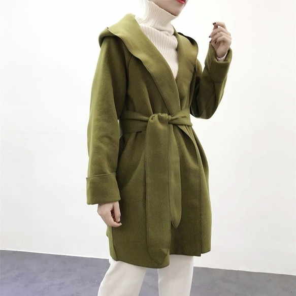 ☆en-en・両面ウール混紡・１枚仕立てフードコート・オリーブ・イエローグリーン 2枚目の画像