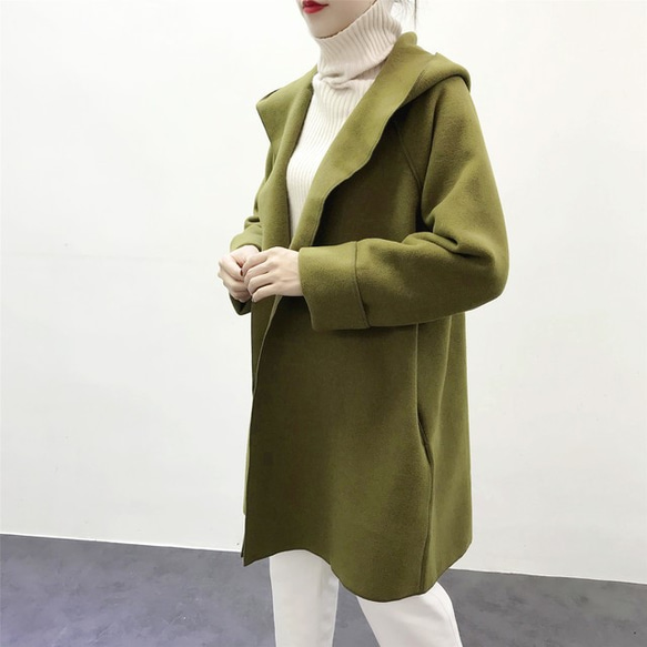 ☆en-en・両面ウール混紡・１枚仕立てフードコート・オリーブ・イエローグリーン 3枚目の画像