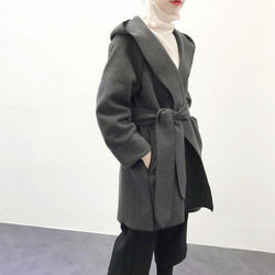 ★en-en・両面ウール混紡・１枚仕立てフードコート・濃いグレー 1枚目の画像