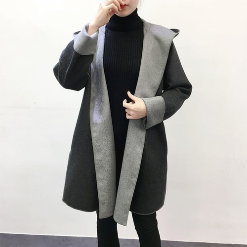 ☆en-en・両面ウール混紡・フードコート・濃いグレー×薄いグレー