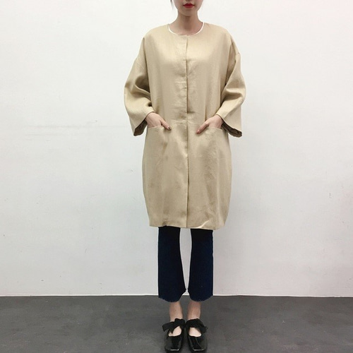 en-en・春・秋・リネン・コクーンハーフコート・ベージュ（裏地付き