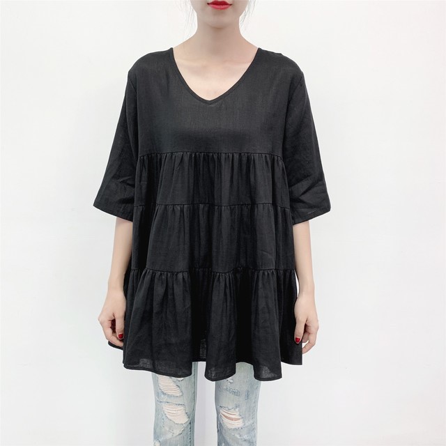 ★★en-enリネン・ティアードチュニック・黒(新作、人気、麻)