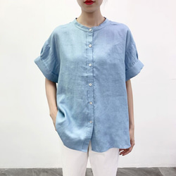 en-enリネン・シェフ風シャツ・太カフス付きギャザー袖シャツ・くすみ水色 1枚目の画像