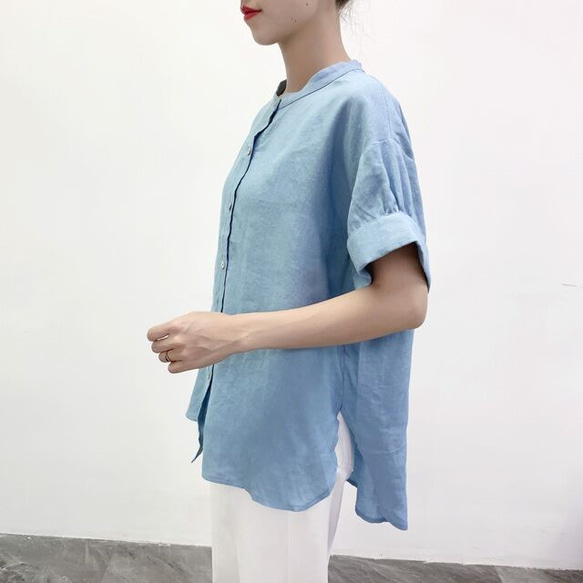 en-enリネン・シェフ風シャツ・太カフス付きギャザー袖シャツ・くすみ水色 2枚目の画像