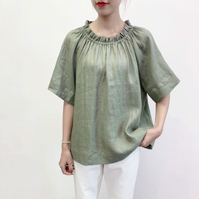 en-enリネン・ギャザーフリル・背紐リボン・甘カーキー