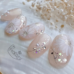 ネイルチップ 結婚式 ウェディング ブライダル 花嫁 フルオーダーネイル 寄り添う2輪の花 フラワーネイル ネイルチップ ブライダル