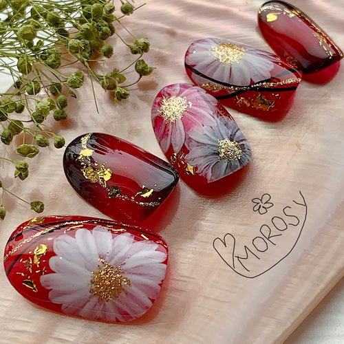 311】オーダー❉赤 金 花 アート 成人式 卒業式 振袖 着物 和装ネイル