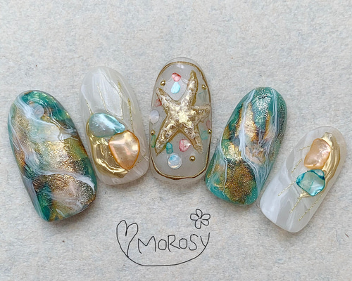 オーダーネイルチップNo.67 夏 海 キラキララメ 貝殻ヒトデパーツ オーダーネイルチップNo.67 夏 海 キラキララメ 貝殻ヒトデパーツ