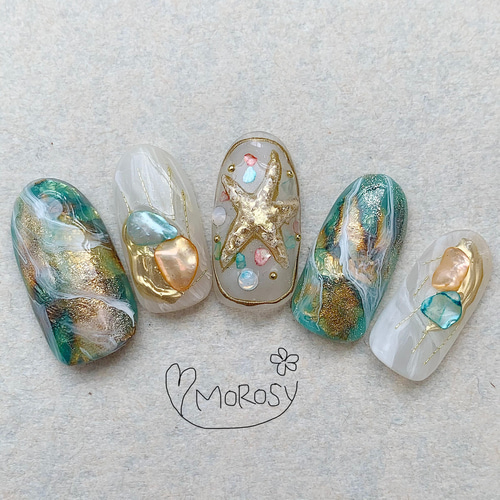 MOROSY221☆夏 夏ネイル リゾート 海 ヒトデ シェル 天然石