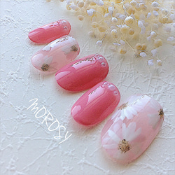MOROSY89☆シースルー フラワー ピンク ブライダル ウェディング ドレス ネイルチップ 2枚目の画像