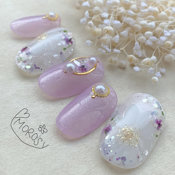 MOROSY136☆壓花春季新娘婚禮指甲尖貝殼 第2張的照片