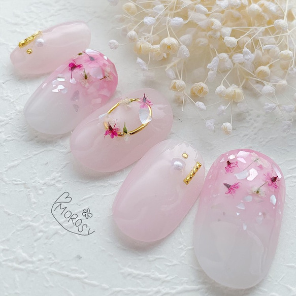 MOROSY139☆押し花 春 グラデ シェル 桜 ブライダル ウェディング ネイルチップ ピンク 2枚目の画像
