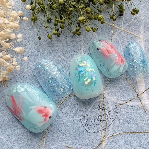 MOROSY155☆夏ネイル 金魚 シェル 浴衣 和装 夏祭り 青 ブルー