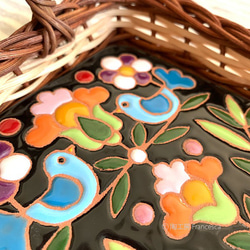Beautiful Tile in Rattan Basket Tray :Bird & Flowers (Black) 第2張的照片