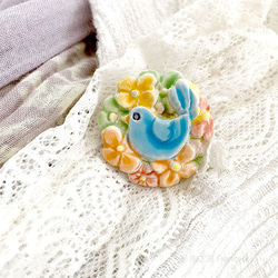 スペインタイルのキャンディみたいな2Wayブローチ・ペンダント：花鳥ブルーR001 2枚目の画像