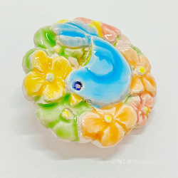 スペインタイルのキャンディみたいな2Wayブローチ・ペンダント：花鳥ブルーR001 5枚目の画像