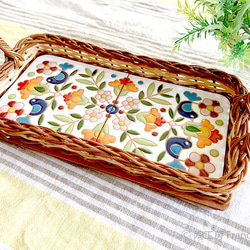 西班牙瓷磚籃托盤“花鳥（白色）” 第2張的照片