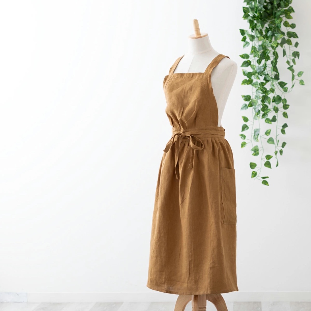 Jubilee 天然リネン100% プレーンカラードレスエプロン キャメル jubileeapronLN003