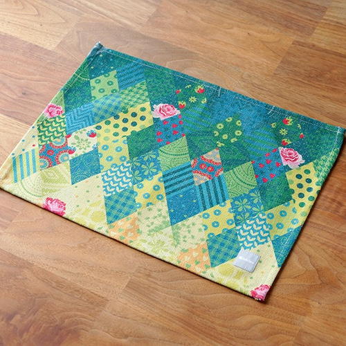 カフェクロス 2枚組 北欧柄 イエローグリーンパッチワーク 天然リネン